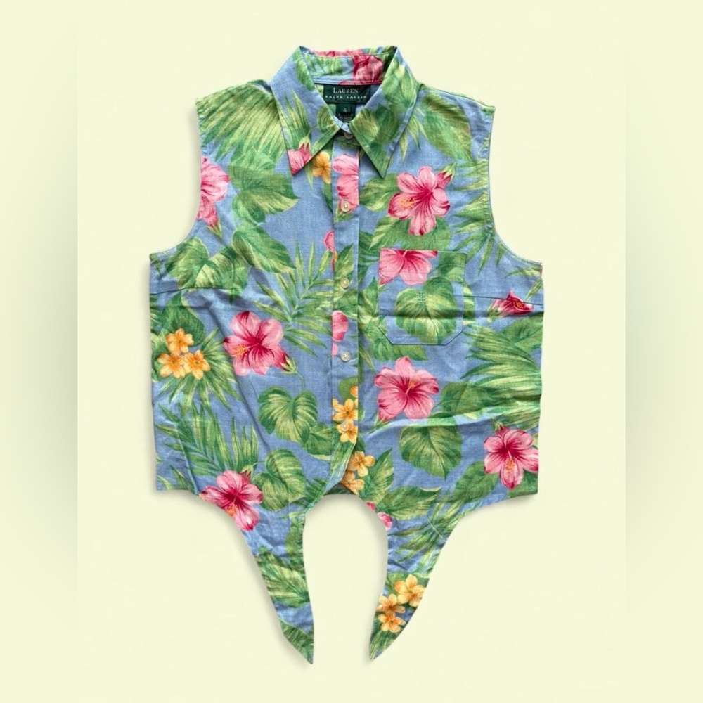 Vintage 1990s Womens Ralph Lauren Tie Up Linen Hawaiian shirt size 4/S